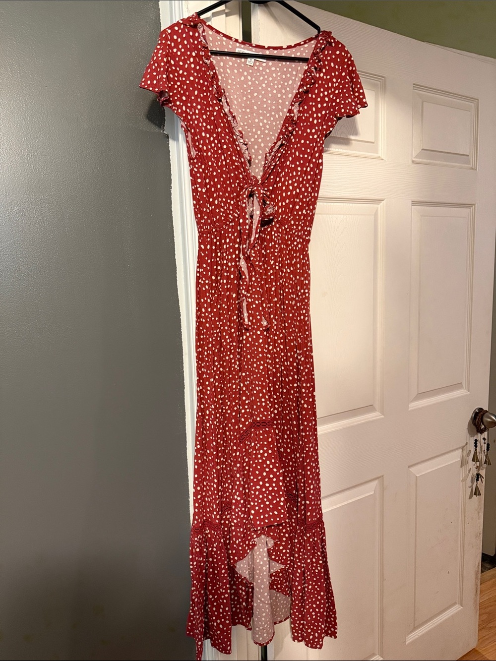 Red Polka Dot High-Low Tie-Front Maxi Dress
